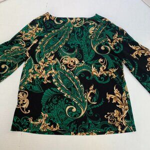 NWOT Chicos Womens Size 1 (Small) 3/4 Sleeve Green, gold, black paisley print